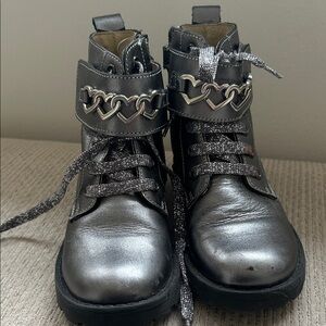 Metallic Silver Heart-Trim Combat Boots